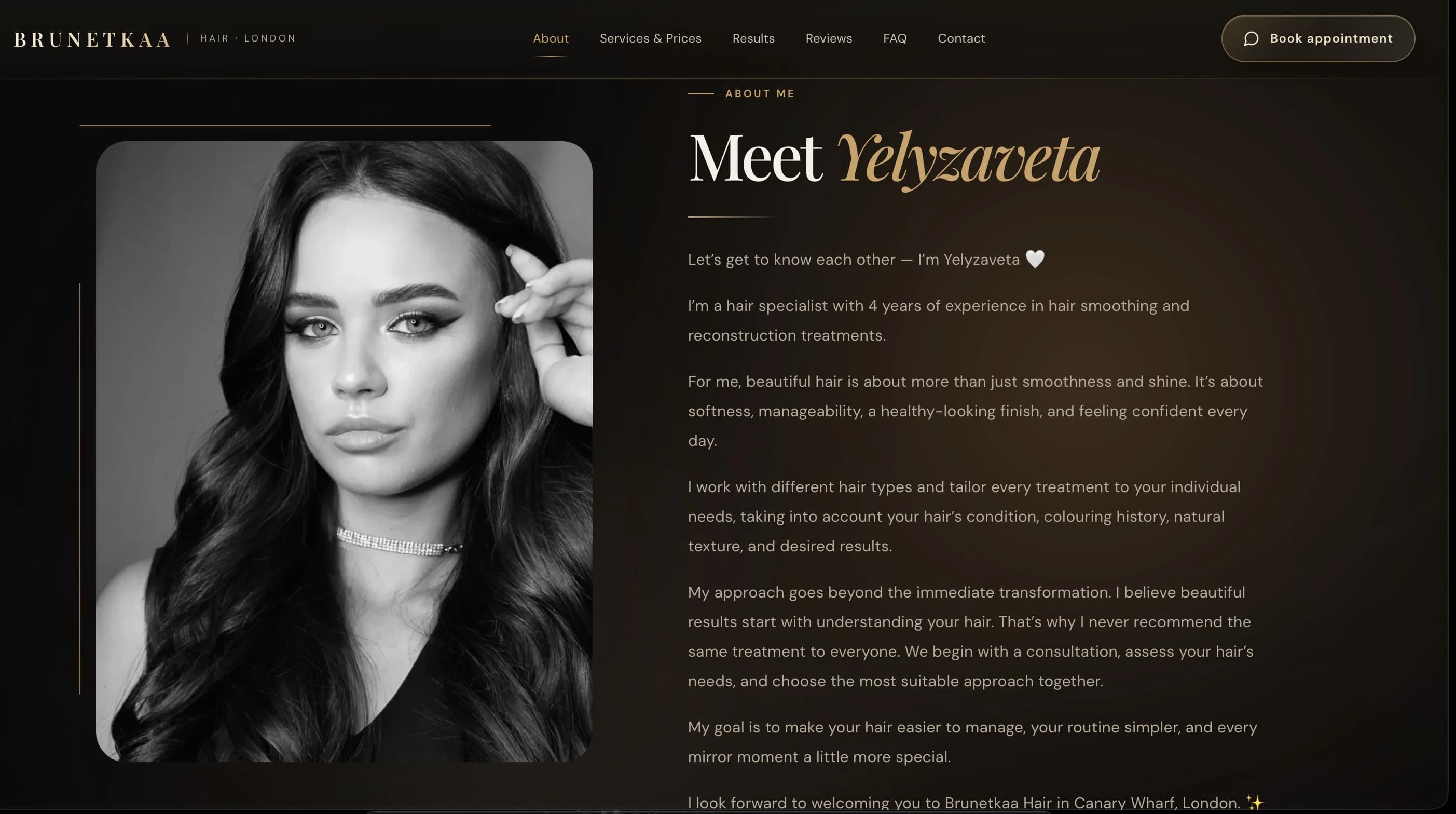 Section introducing the specialist Yelyzaveta on the BRUNETKAA HAIR website