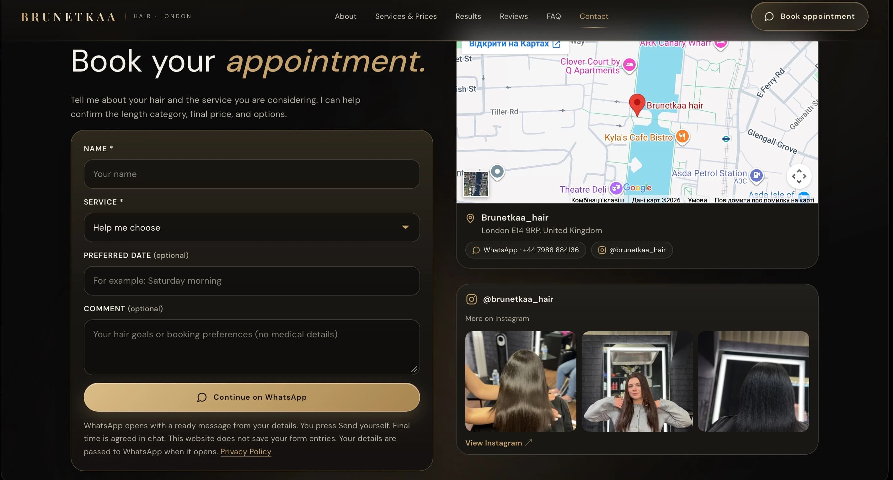 Enquiry form, map and Instagram link on the BRUNETKAA HAIR website