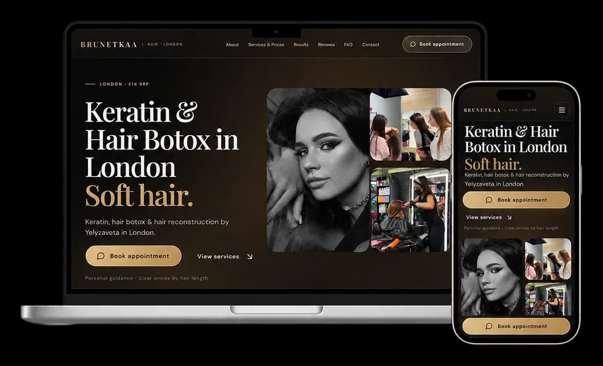 BRUNETKAA HAIR website mockup shown on a laptop and a phone