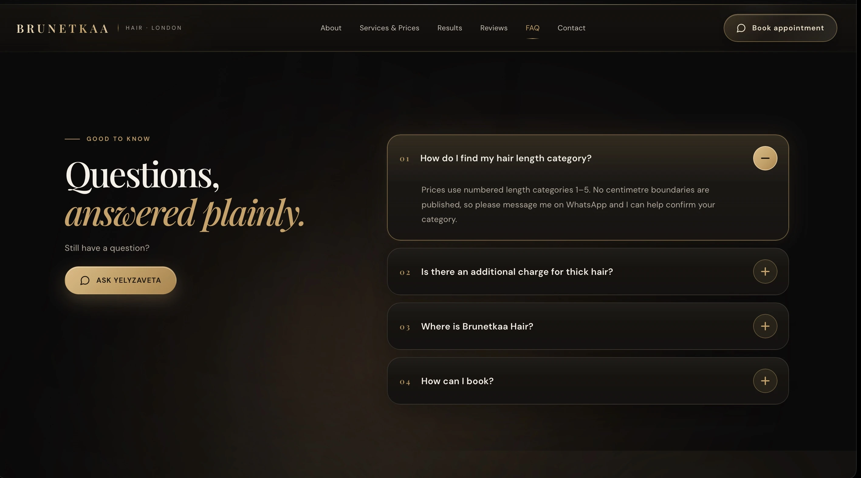 FAQ block on the BRUNETKAA HAIR website