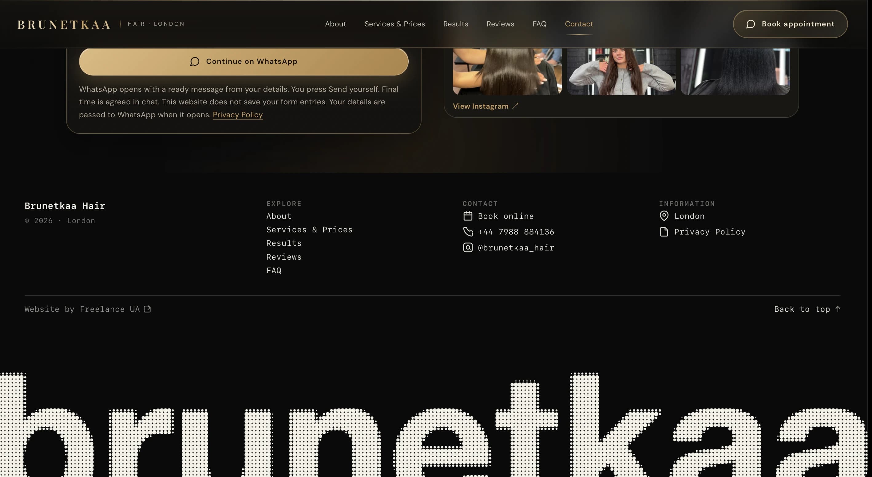 BRUNETKAA HAIR footer with navigation, contacts and a large wordmark