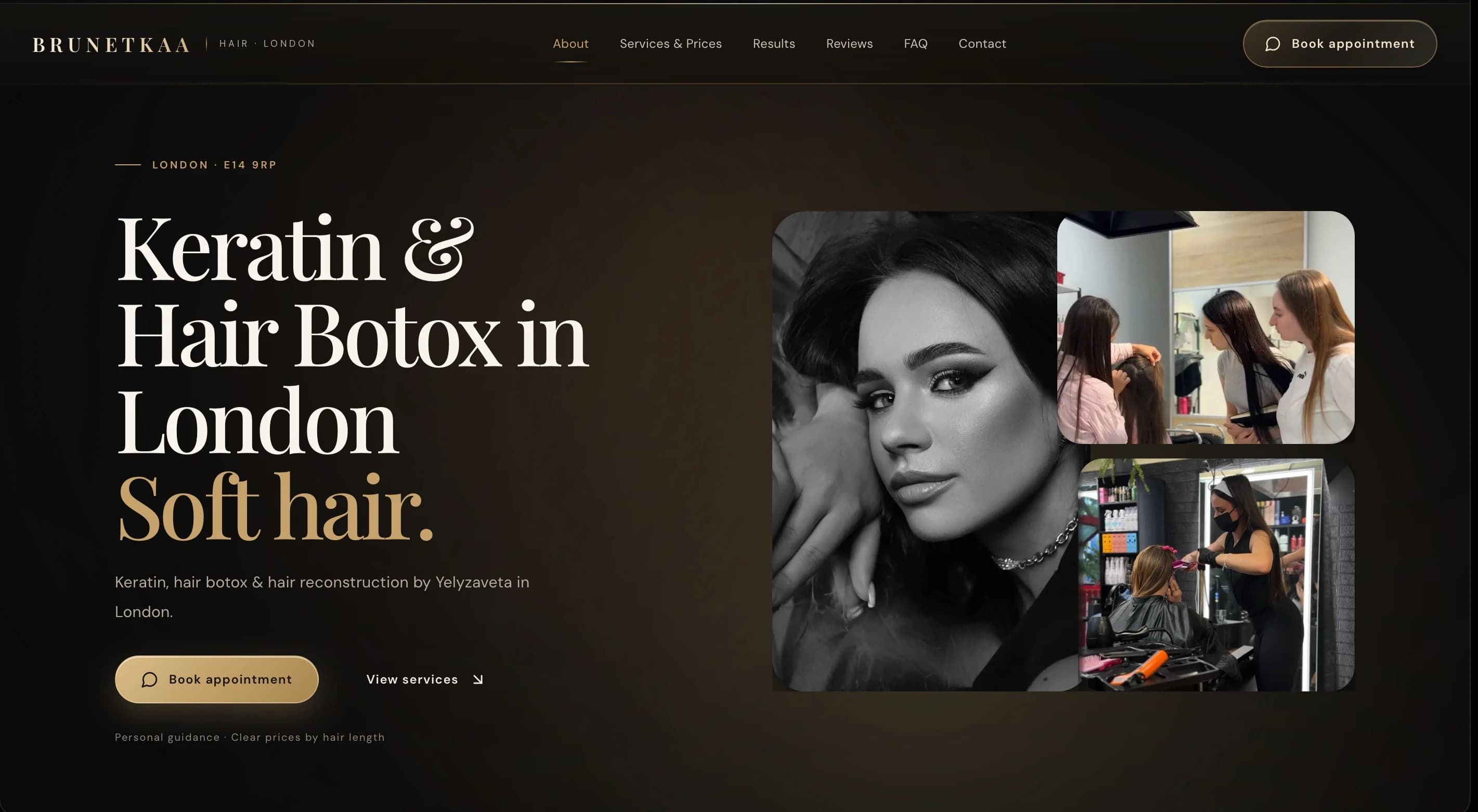 BRUNETKAA HAIR first screen with a headline about keratin and hair botox in London