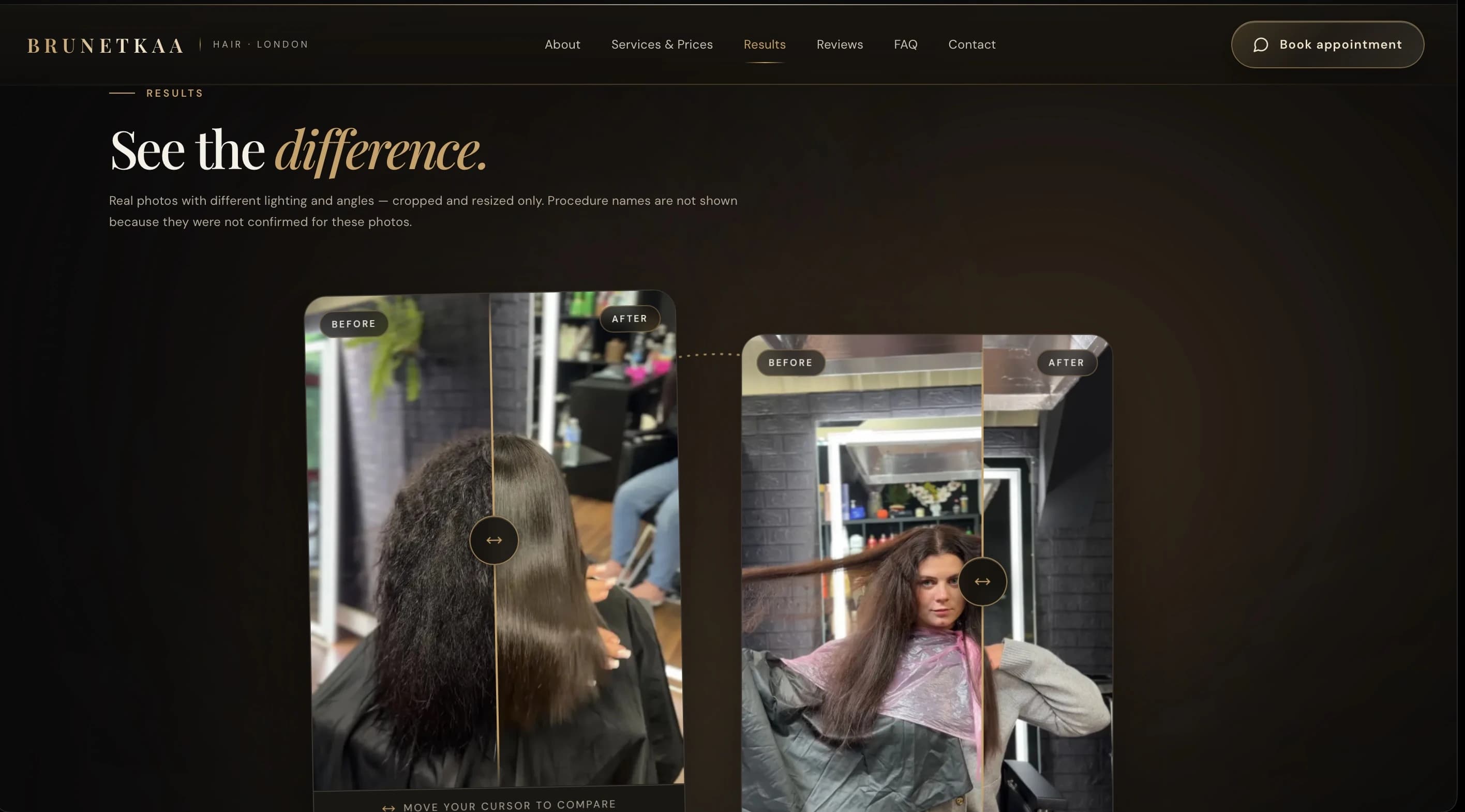 Results section with a before/after comparison on the BRUNETKAA HAIR website
