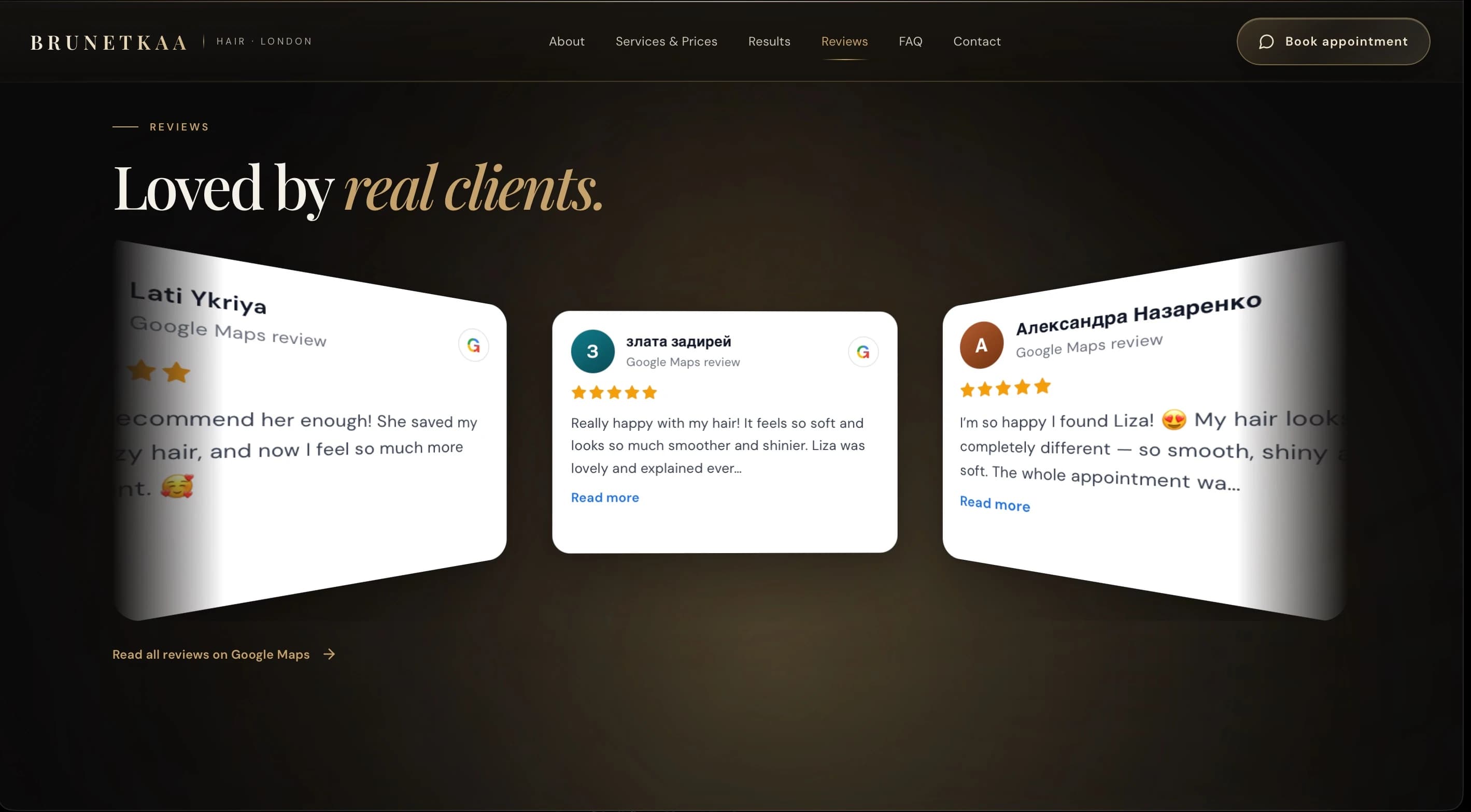 Google Maps reviews block on the BRUNETKAA HAIR website