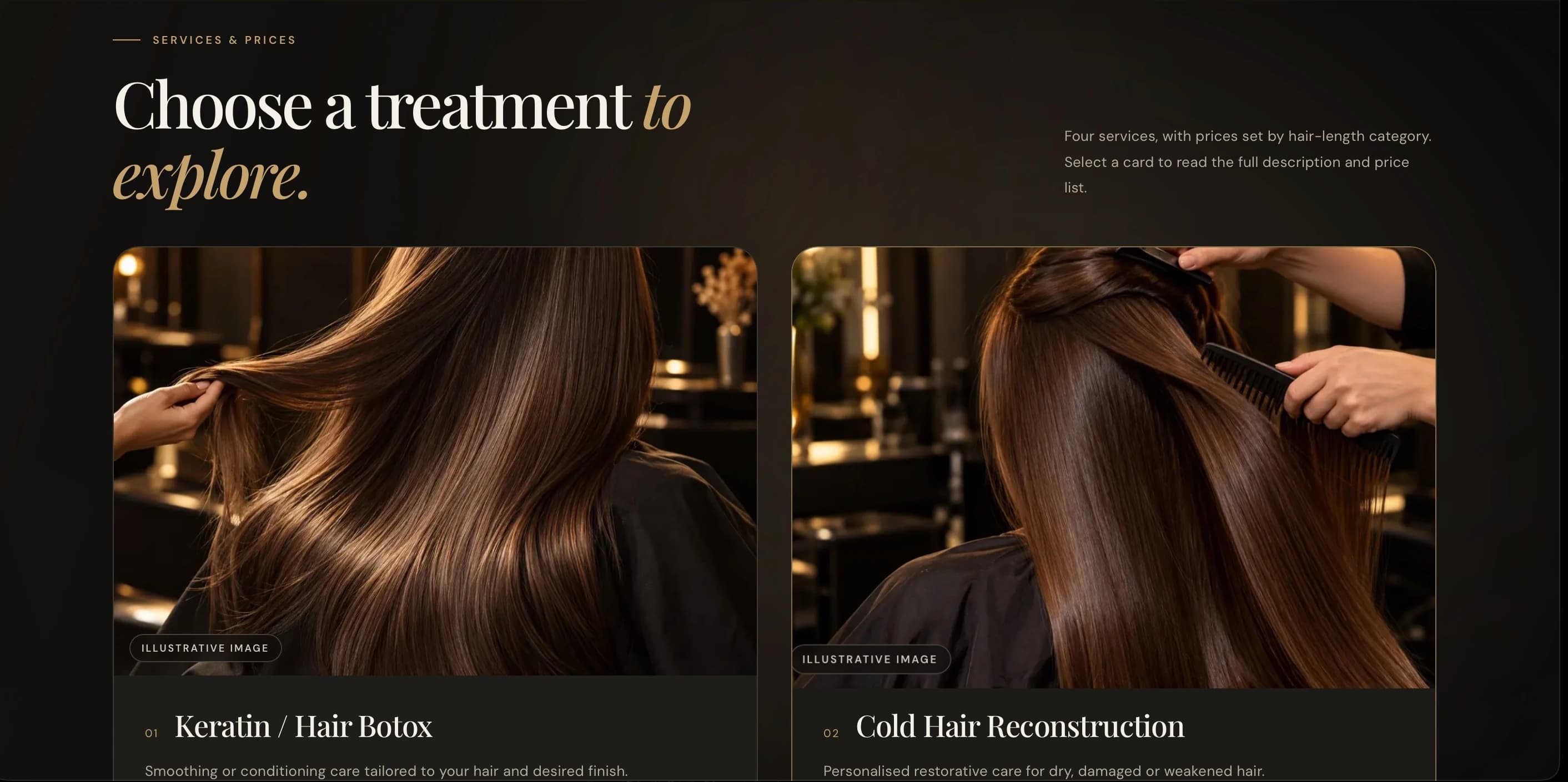 Services and prices section of the BRUNETKAA HAIR website