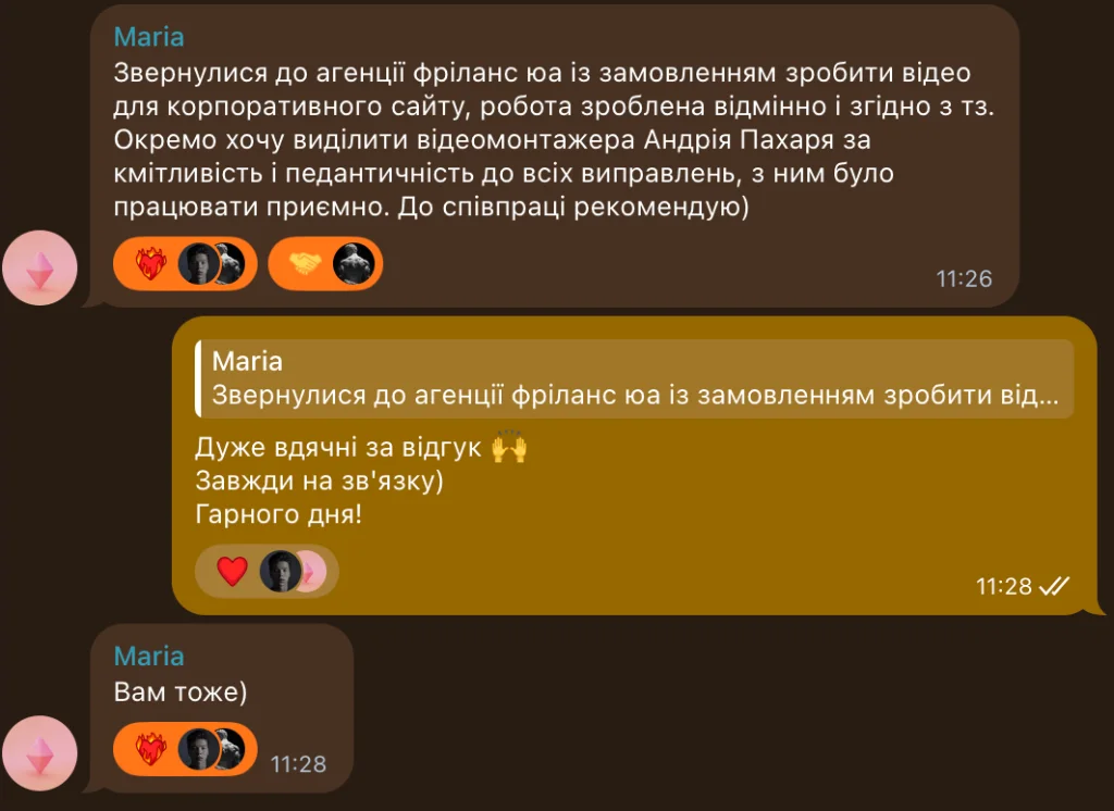 Відгук клієнта Maria у Telegram