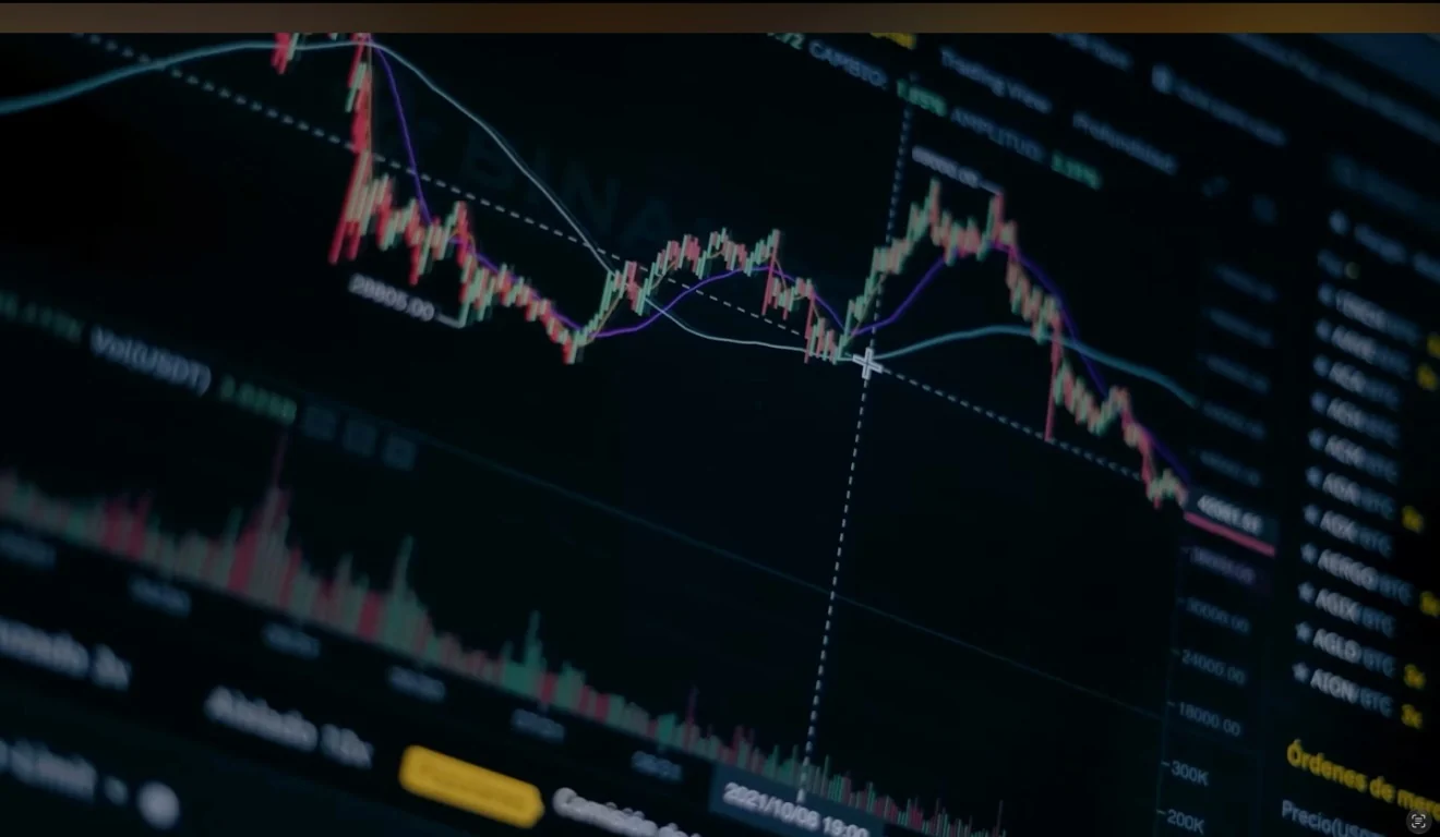 A dark shot of a trading chart on screen.